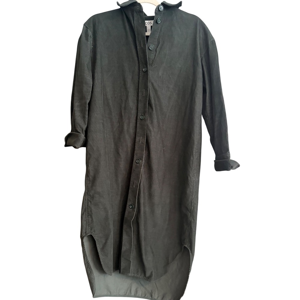 COS Corduroy Shirt Dress Womens 2 Green Cotton Button Down Long Sleeve Midi Hem